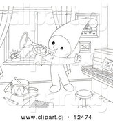 Clipart of a Cartoon Elf Playing Horn in a Musical Room - Outlined Coloring Page Art by Alex Bannykh