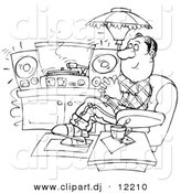 Clipart of a Cartoon Man Relaxing and Listening to Records in His Home - Outlined Coloring Page Art by Alex Bannykh
