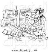 Clipart of a Happy Male Radio Personality at Work - Black and White Coloring Page Line Art by Alex Bannykh