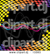 Clipart of a Neon Squiggly Lines Within Colorful Halftone Equalizer Circles over Black Background by Arena Creative