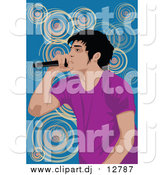 Clipart of a Performing Male Singer over Blue and Spirals by Mayawizard101