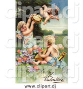 Clipart of a Vintage Valentine of Cherubs with Hearts Instruments and Purple Flowers, Circa 1906 by OldPixels