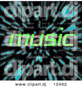 Clipart of Green Music Text over Zooming Blue Lines in Hyperspace Background by Arena Creative