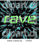 August 20th, 2012: Clipart of Green Rave Text over Zooming Blue Lines in Hyperspace Background by Arena Creative