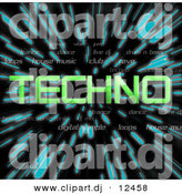 Clipart of Green Techno Text over Zooming Blue Lines in Hyperspace Background by Arena Creative