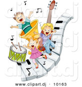 Vector Clipart of a 3 Happy Kids Playing on Piano Keys with Music Notes and Instruments - Cartoon Design by BNP Design Studio