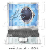 Vector Clipart of a 3d Audio Speaker Emerging from a Laptop Computer Screen by AtStockIllustration