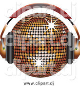 Vector Clipart of a 3d Bronze Disco Music Ball Wearing Headphones by Elaineitalia