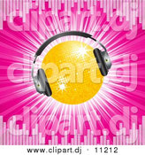 March 25th, 2016: Vector Clipart of a 3d Disco Ball Wearing Headphones, on a Bursting Pink Background Bordered by Equalizer Lines by Elaineitalia