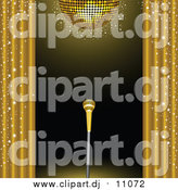 Vector Clipart of a 3d Golden Microphone on a Stand on a Stage, Framed by Golden Sparkling Curtains Under a Gold Disco Ball by Elaineitalia