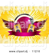 Vector Clipart of a 3d Pink Winged Disco Ball with Headphones, Music Speakers and a Blank Ribbon Banner, on a Bursting Yellow Background with Equalizer Bars by Elaineitalia