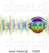 Vector Clipart of a 3d Rainbow Disco Ball Wearing Headphones over Colorful Sound Waves by Elaineitalia