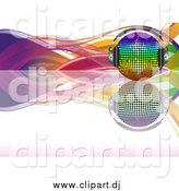 Vector Clipart of a 3d Rainbow Disco Ball with Headphones, on a Reflective Surface with Colorful Waves over White by Elaineitalia