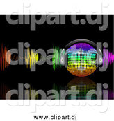 Vector Clipart of a 3d Rainbow Music Disco Ball with Headphones and Colorful Waves on Black by Elaineitalia