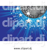 Vector Clipart of a 3d Silver Disco Ball with Stars on a Bursting Blue Background by Elaineitalia