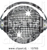September 4th, 2015: Vector Clipart of a 3d Silver Sparkly Disco Ball Wearing Headphones by Elaineitalia
