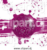 Vector Clipart of a 3d Sparkling Purple Disco Ball on Grunge Background with Drips and Splatters by Elaineitalia