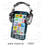 Vector Clipart of a 3d Touch Screen Smart Phone with App Icons and Headphones by AtStockIllustration