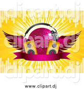 October 3rd, 2014: Vector Clipart of a 3d Winged Purple Disco Ball with Headphones, Speakers and a Banner by Elaineitalia