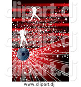 Vector Clipart of a Background of Silhouetted White Jumping Girls, a Speaker, Rays and Stars over a Red Burst by MilsiArt