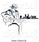 May 2nd, 2014: Vector Clipart of a Black and Blue Man Playing a Guitar near a City by TA Images