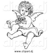 Vector Clipart of a Black and White Cherub Sitting on the Ground, Holding Flowers in One Arm and a Rose out in One Hand by C Charley-Franzwa