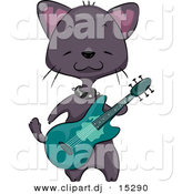Vector Clipart of a Black Cartoon Cat Playing Green Guitar by BNP Design Studio