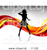 July 12nd, 2016: Vector Clipart of a Black Silhouetted Woman Wearing Headphones and Dancing over a Gray Background with Waves of Orange, Red and Yellow by KJ Pargeter