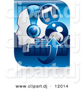 Vector Clipart of a Blue Music Related Icon Featuring Person Wearing Headphones, Arrows, Equalizer, and Music Notes by