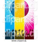 Vector Clipart of a Blue, Yellow and Pink Panels of Silhouetted Concert Crowd Hands Under a Disco Ball by Elaineitalia