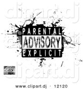 Vector Clipart of a Blurry Parental Advisory Explicit Stamp on Black Splattered Grunge Background by Arena Creative