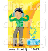 Vector Clipart of a Boy Listening to Music over Yellow and Orange by Mayawizard101