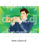 May 21st, 2015: Vector Clipart of a Brunette White Man Playing a Trumpet, over Green by Mayawizard101