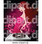 Vector Clipart of a Brunette White Woman in a Pink Dress Dancing by a Record Player by OnFocusMedia