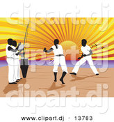 Vector Clipart of a Capoeira of Music and Martial Arts on a Beach with Sun Setting in Background by David Rey