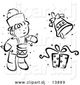 Vector Clipart of a Cartoon Christmas Drummer, Bell and Gift - Black and White Digital Collage by BNP Design Studio
