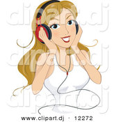 Vector Clipart of a Cartoon Girl Listening to Music Through Headphones While Smiling by BNP Design Studio