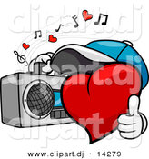 Vector Clipart of a Cartoon Heart Character Listening to Music from Boom Box by BNP Design Studio