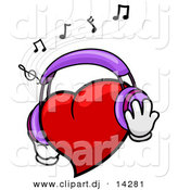 Vector Clipart of a Cartoon Heart Character Wearing Headphones While Listening to Music by BNP Design Studio