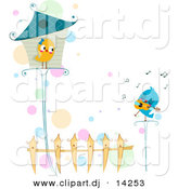 Vector Clipart of a Cartoon Love Bird Singing to Female Standing Outside House by BNP Design Studio