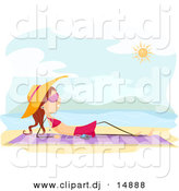 Vector Clipart of a Cartoon Stick Girl Listening to Music While Sun Bathing on a Beach by BNP Design Studio