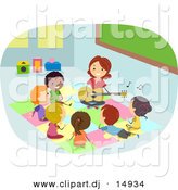 Vector Clipart of a Cartoon Teacher Playing Music to a Diverse Group of Students by BNP Design Studio