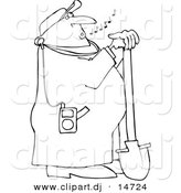 Vector Clipart of a Cartoon Worker Leaning on Shovel While Listening to Portable Music Player - Coloring Page Line Art by Djart