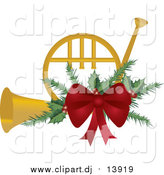 August 30th, 2015: Vector Clipart of a Christmas French Horn with Holly and a Red Bow by Pams Clipart