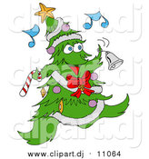 Vector Clipart of a Christmas Tree Character Ringing a Bell While Listening to Music by LaffToon