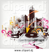January 23rd, 2015: Vector Clipart of a City Skyline with Urban Grunge, Arrows, Speakers, Cassettes and a Record Player by OnFocusMedia