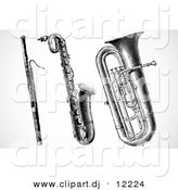 Vector Clipart of a Clarinet, Saxophone and Tuba - Digital Black and White Collage by BestVector
