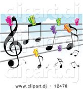 Vector Clipart of a Colorful Clips Holding Music Notes to a Clothes Line Against a Cloudy Sky by Mayawizard101