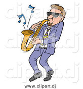 Vector Clipart of a Cool White Man Wearing Shades and Leaning Back While Playing Blues Music on a Sax by LaffToon