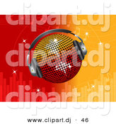 Vector Clipart of a Disco Ball Wearing Headphones over Bright Red and Orange Equalizer Background by Elaineitalia